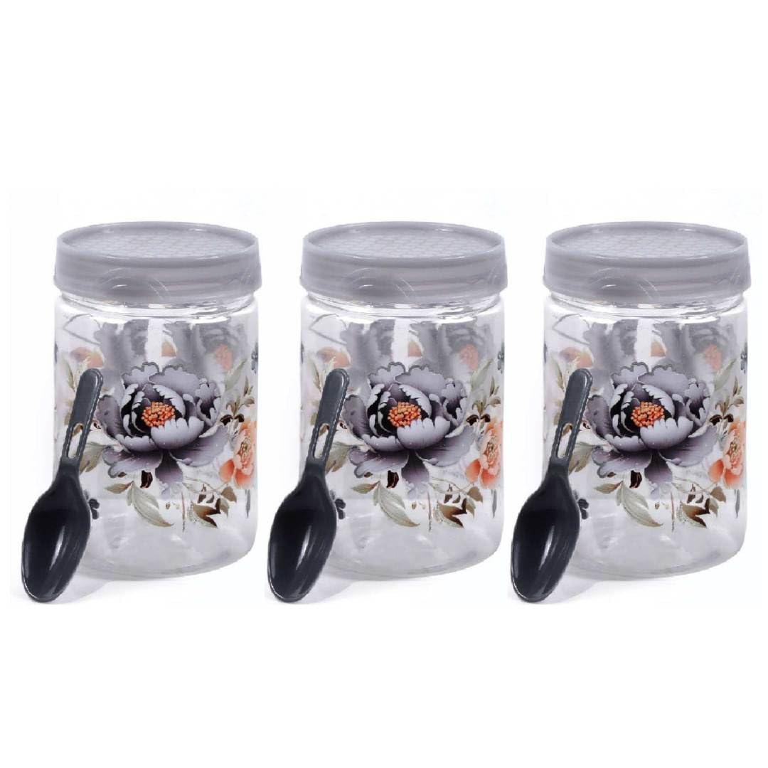 Zadoli Galaxy Printed Plastic Jars with Spoons (Grey, 500 ml & 250 ml) Set of 3
