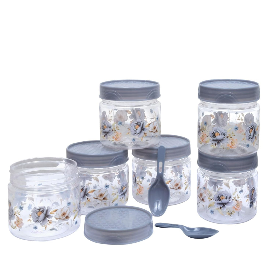 Zadoli Galaxy Printed Plastic Jars with Spoons (Grey, 500 ml & 250 ml) Set of 3