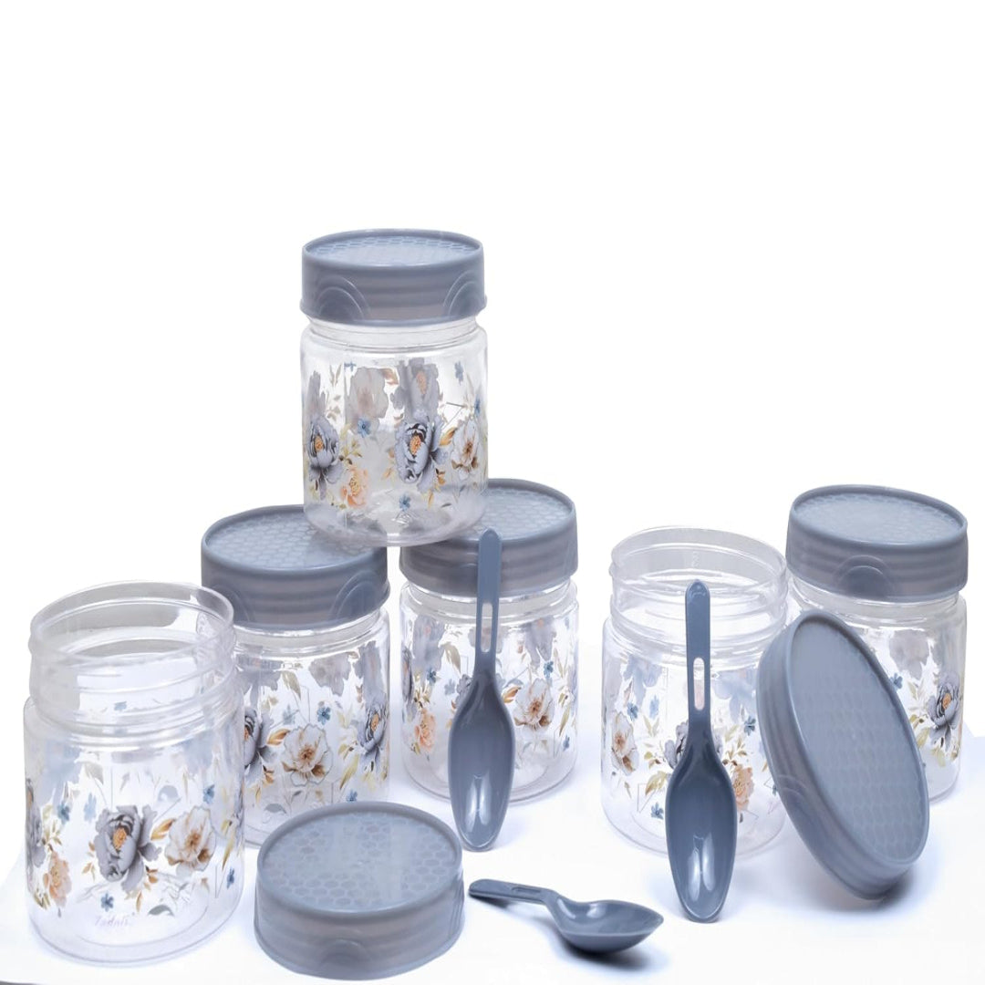 Zadoli Galaxy Printed Plastic Jars with Spoons (Grey, 500 ml & 250 ml) Set of 3