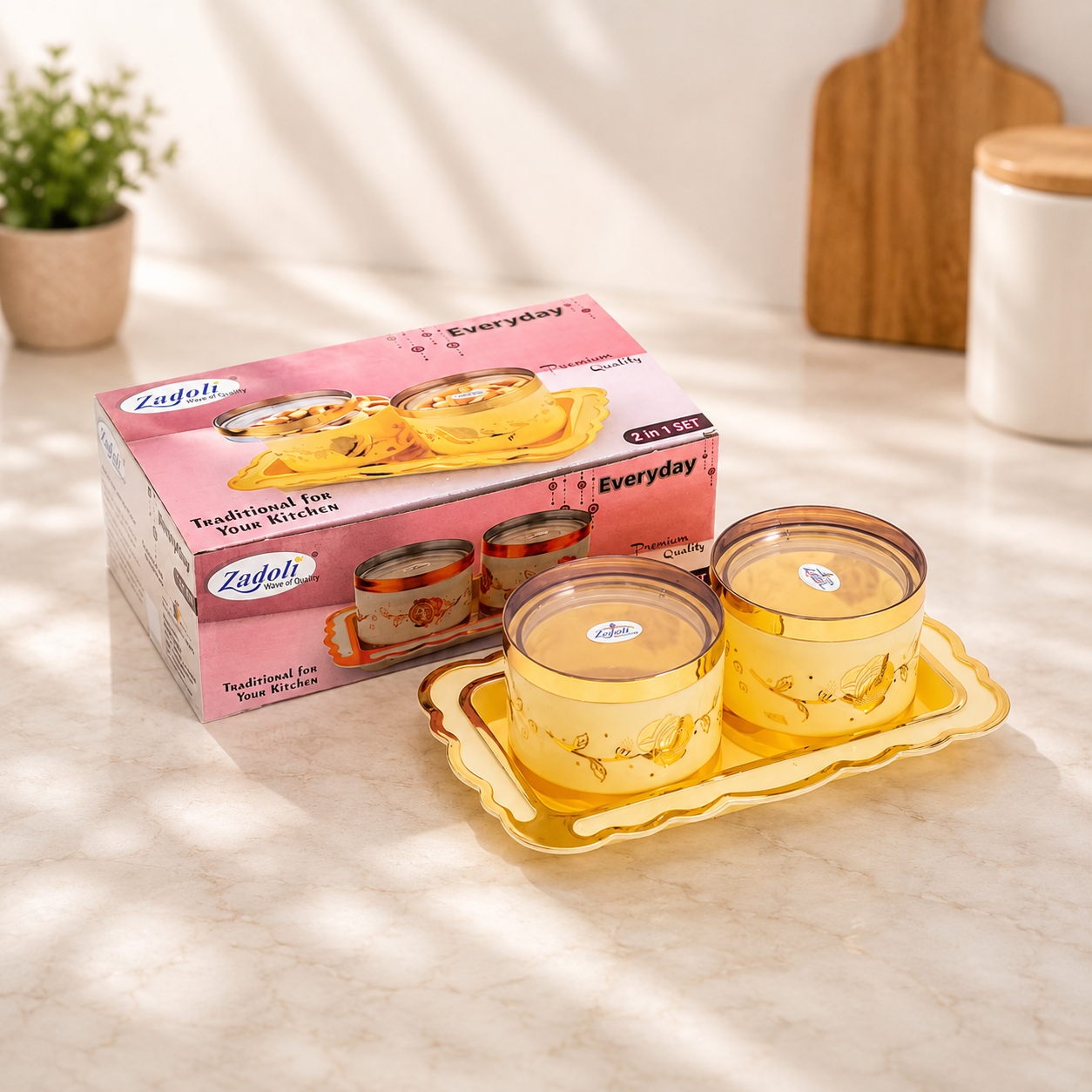 Zadoli  (2 in 1 Gift Set) Storage with Serving Tray & Bowls White & Gold