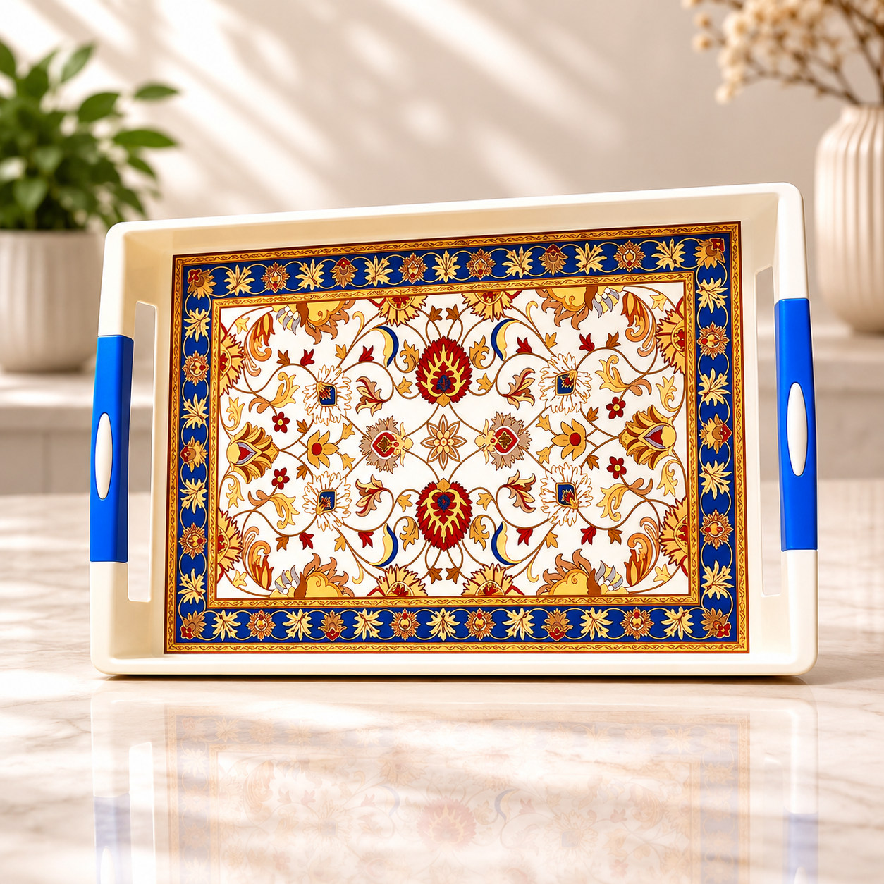 Zadoli Vip Printed Plastic Serving Tray with Handles – Blue Leaf Design (Set of 3)