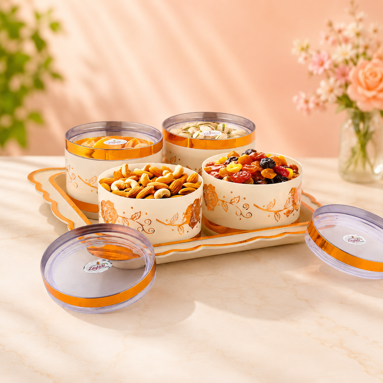 Zadoli - 4 in 1 Gift Set, Containers with Lid & Serving Tray (4 Pcs Set, White & Gold Round)