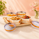 Zadoli - 4 in 1 Gift Set, Containers with Lid & Serving Tray (4 Pcs Set, White & Gold Round)