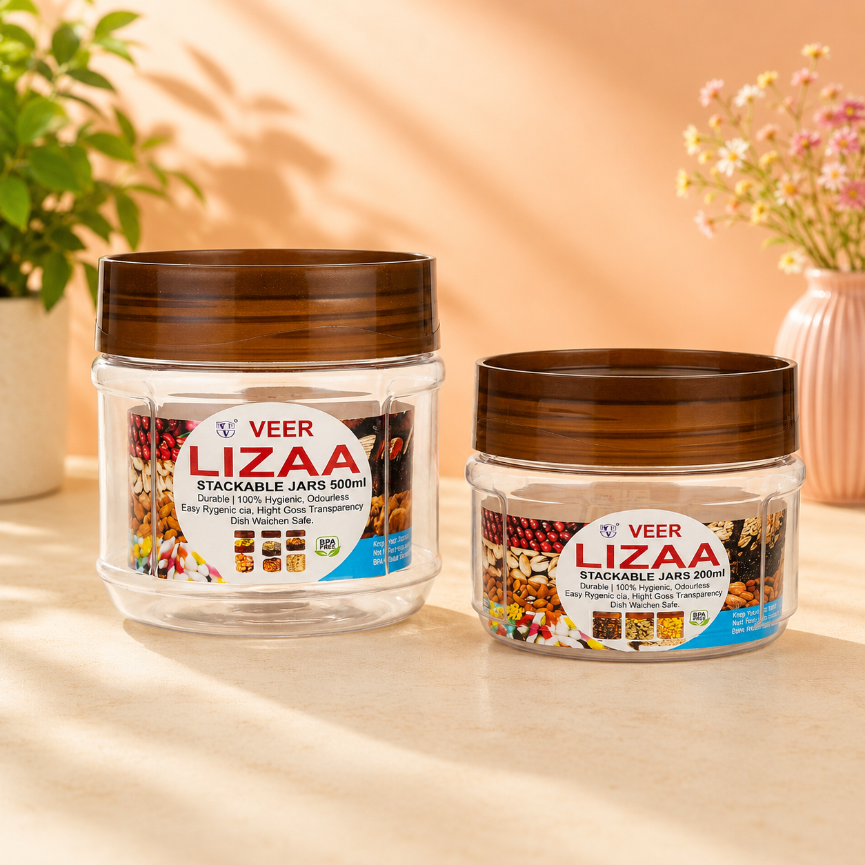 Veer Plast Liza Jars with Brown Lid Set (500 ML & 200 ML, 4 & 6)