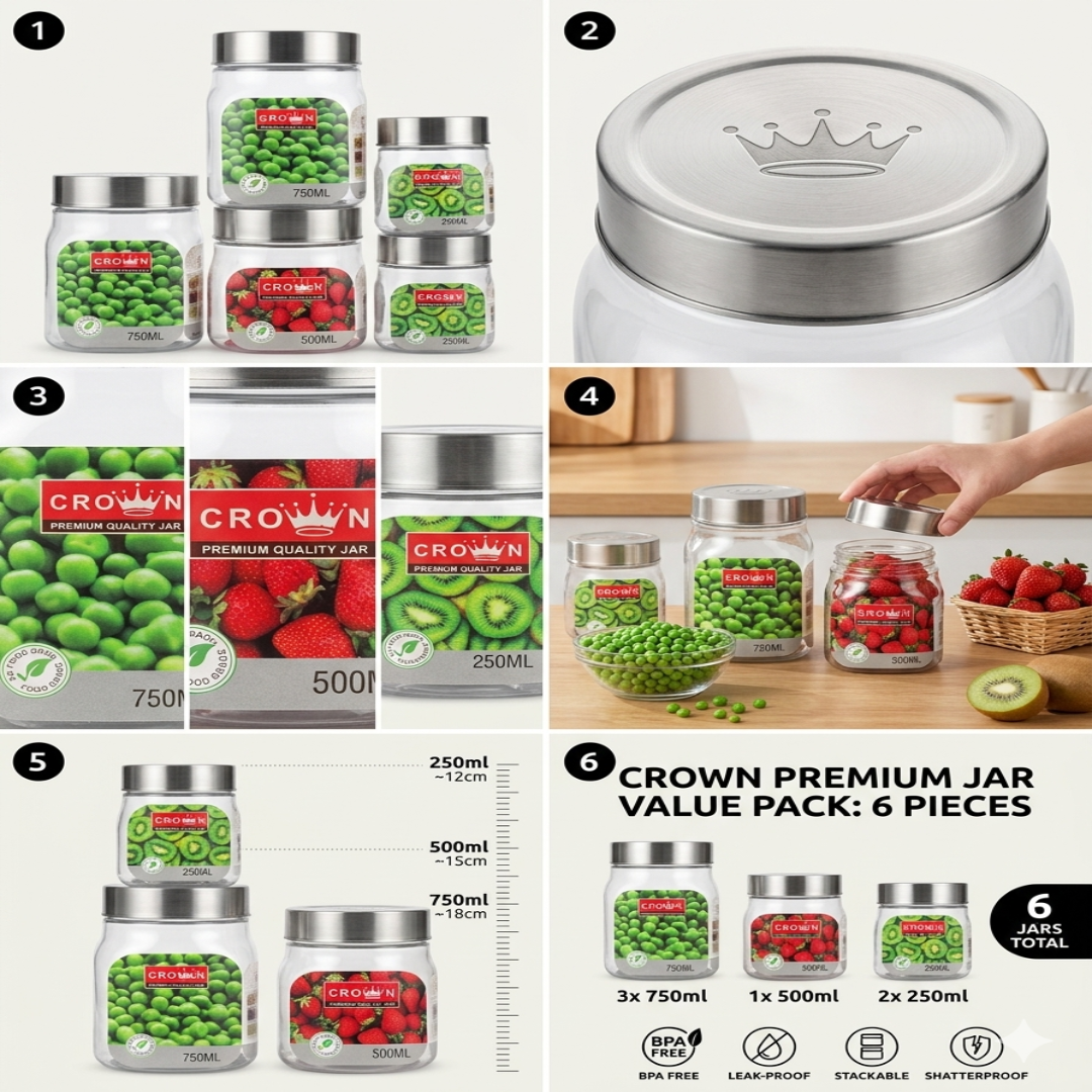 Veer Plast - Crown Jar | Steel Cap Jar Set  | 750 ML, 500 ML & 250 ML | Silver