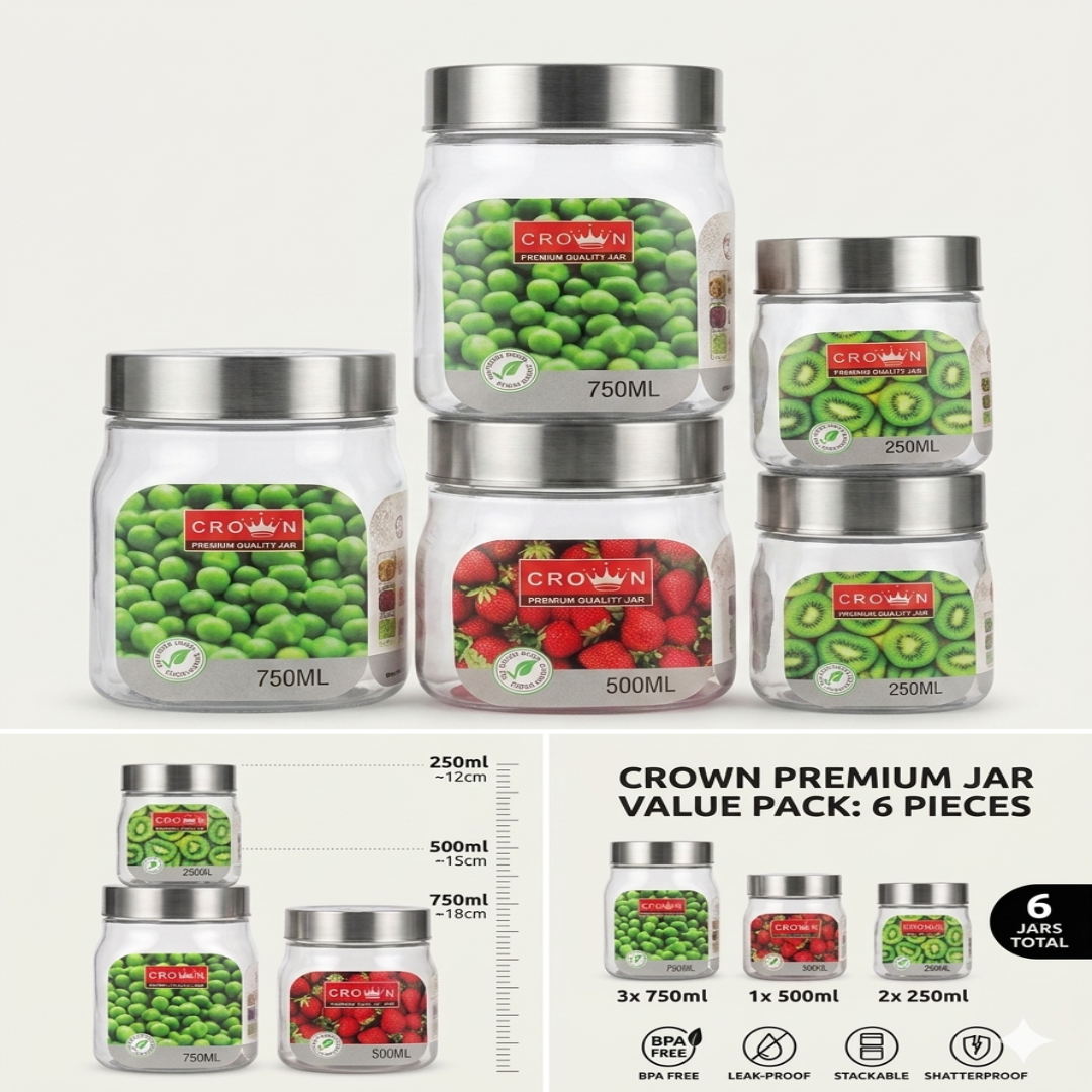 Veer Plast - Crown Jar | Steel Cap Jar Set  | 750 ML, 500 ML & 250 ML | Silver