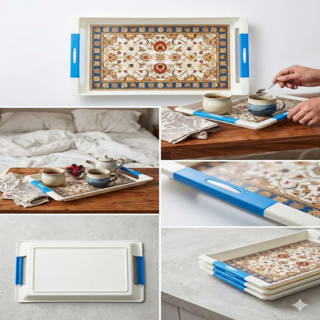 Zadoli Vip Printed Plastic Serving Tray with Handles – Blue Leaf Design (Set of 3)