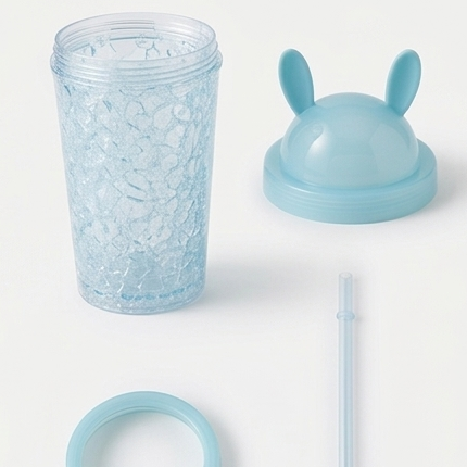 Collage of a blue ice cube tray with rabbit ears, ice cubes, and a person holding it outdoors.