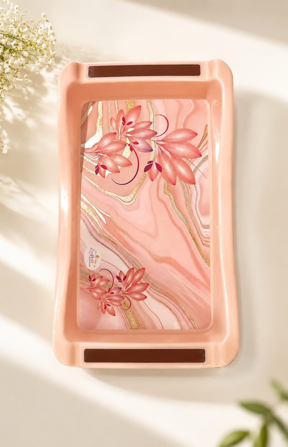 Zadoli Welcome Printed Plastic Serving Tray with Handles – Light Pink Flower Design