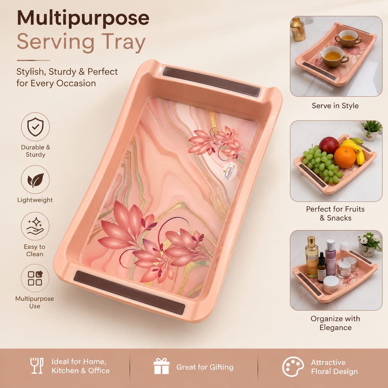 Zadoli Welcome Printed Plastic Serving Tray with Handles – Light Pink Flower Design