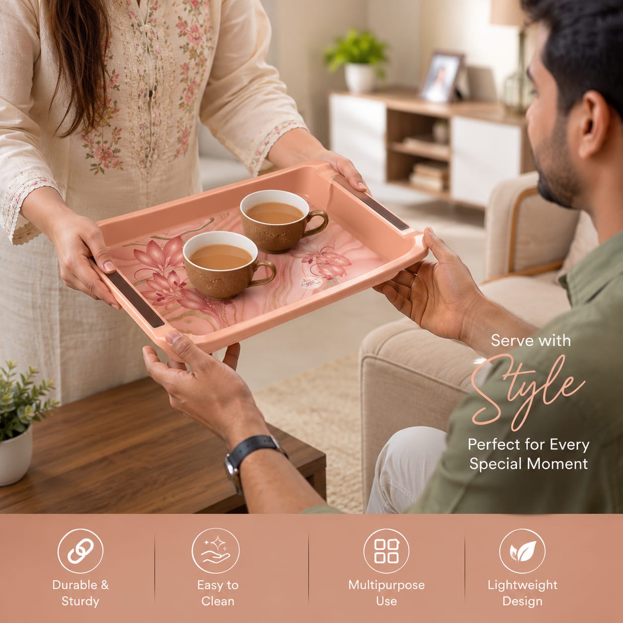 Zadoli Welcome Printed Plastic Serving Tray with Handles – Light Pink Flower Design