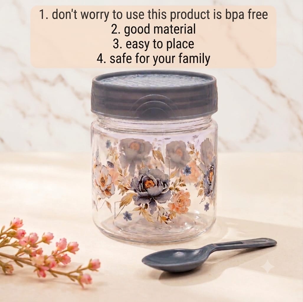 Zadoli Galaxy Printed Plastic Jars with Spoons (Grey, 500 ml & 250 ml) (★PACK OF 3★)