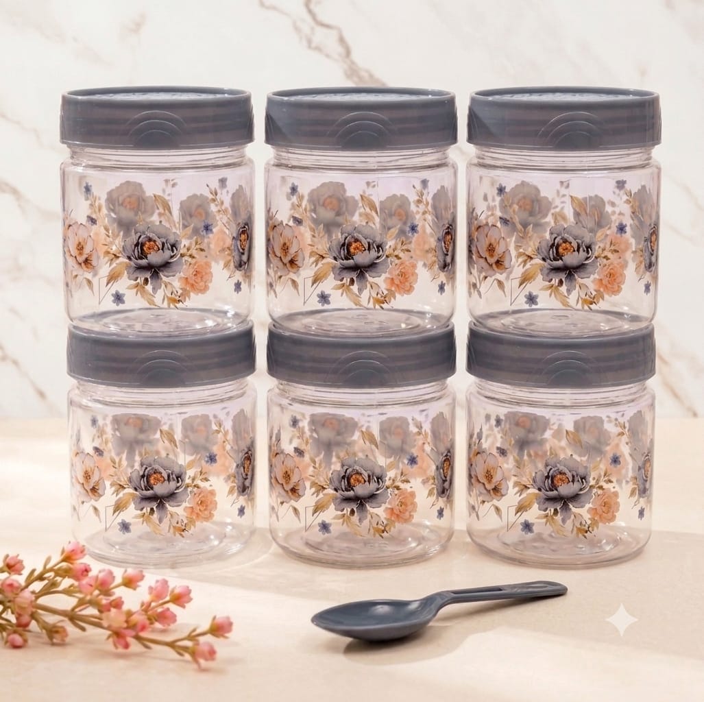 Zadoli Galaxy Printed Plastic Jars with Spoons (Grey, 500 ml & 250 ml) (★PACK OF 3★)