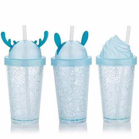Set of four glittery blue tumblers with animal-themed lids on a white background
