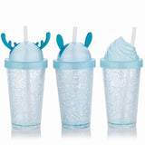 Set of four glittery blue tumblers with animal-themed lids on a white background