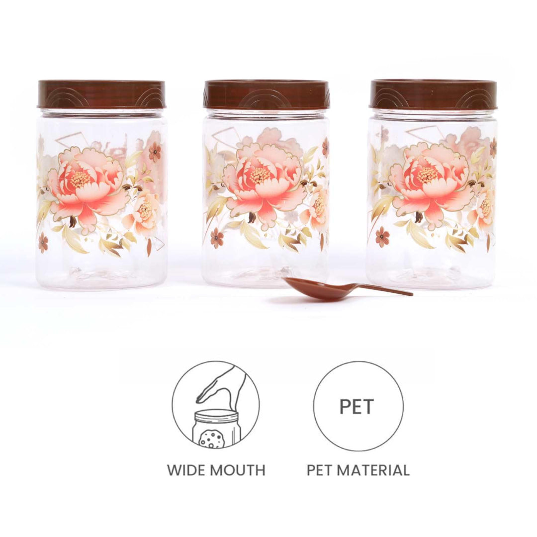 Zadoli Galaxy Printed Plastic Jars with Spoons (Floral, 500 ml & 250 ml) Set of 3
