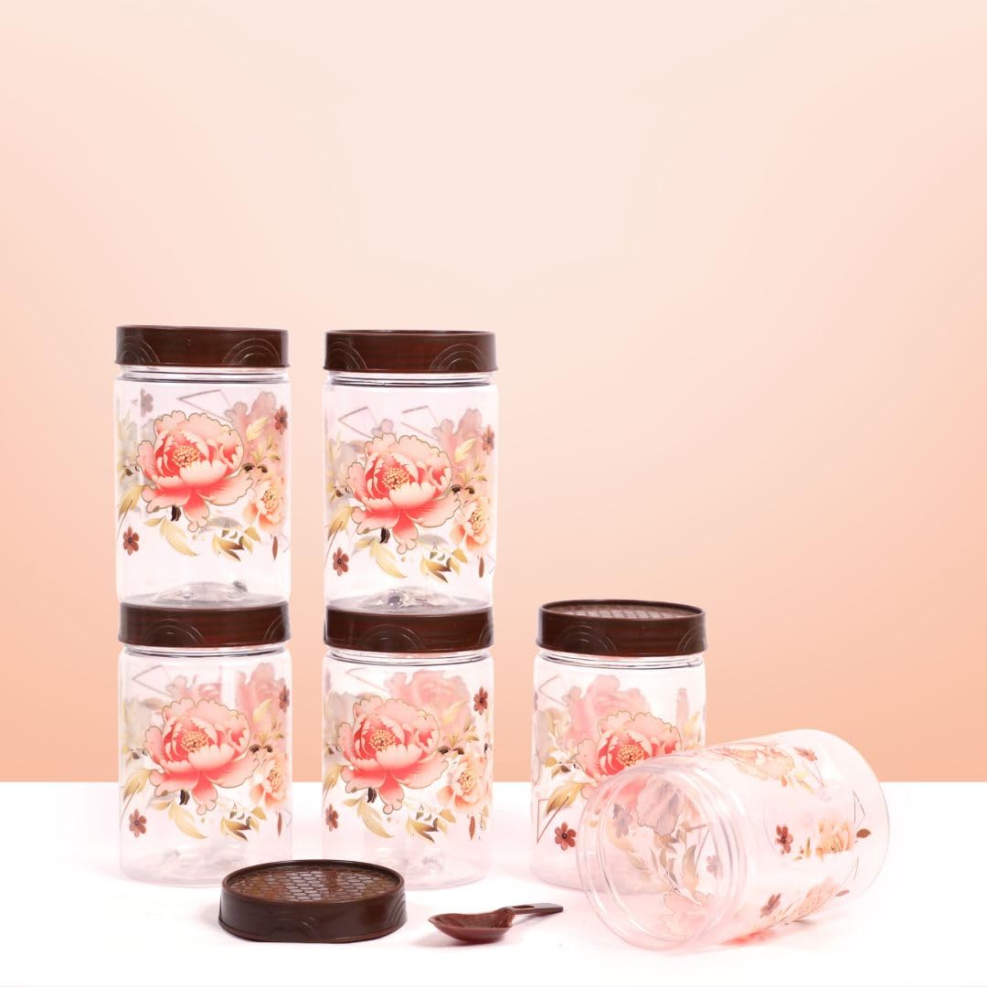 Zadoli Galaxy Printed Plastic Jars with Spoons (Floral, 500 ml & 250 ml) Set of 3