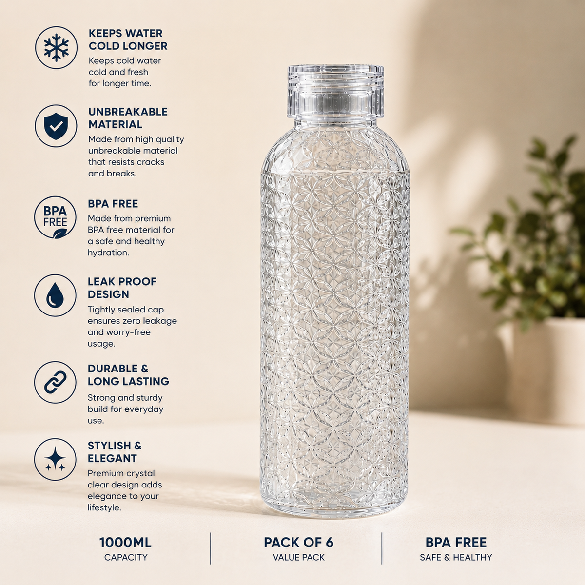 1 Litre Crystal Pattern Water Bottle – BPA-Free, Pack of 6 – photo 5