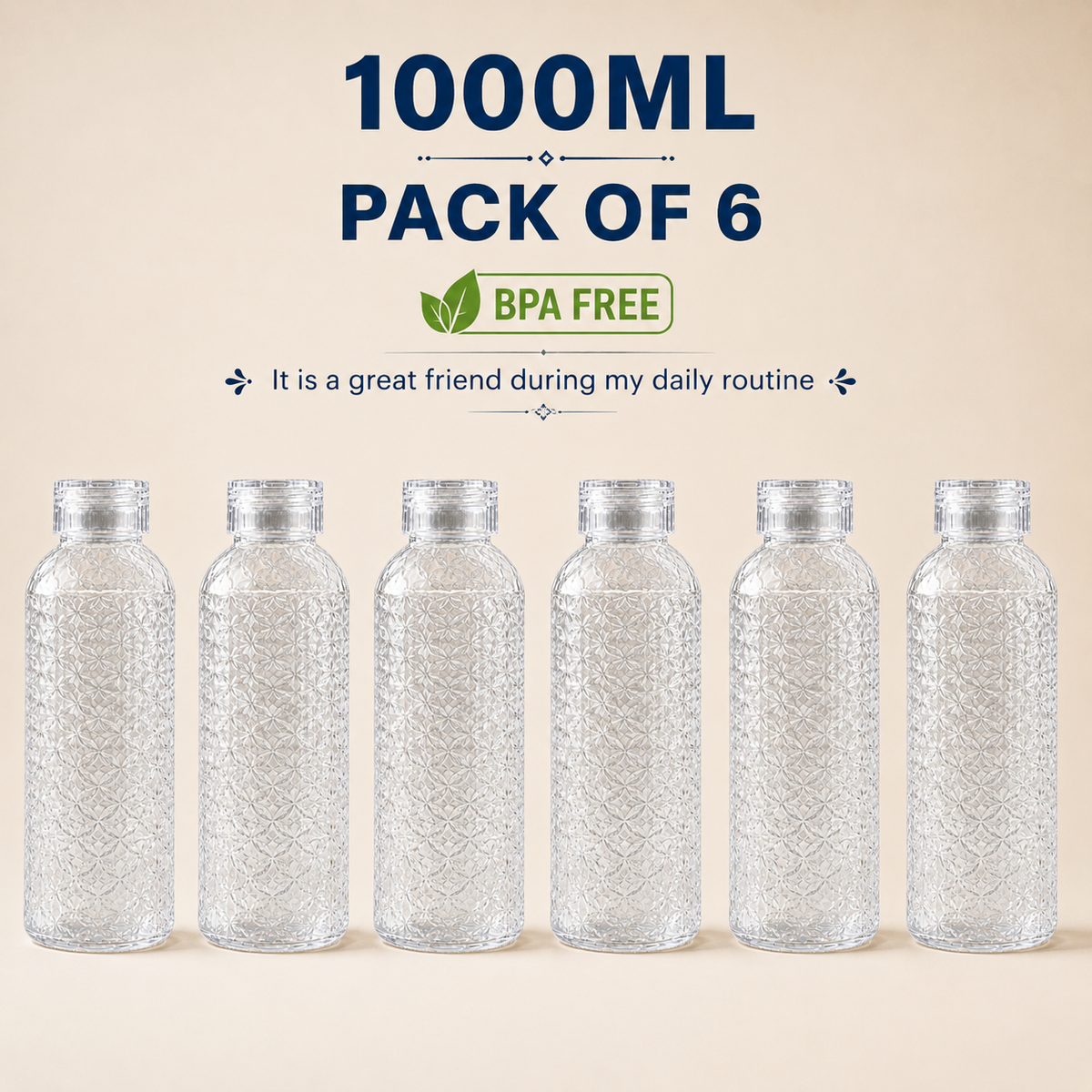 1 Litre Crystal Pattern Water Bottle – BPA-Free, Pack of 6