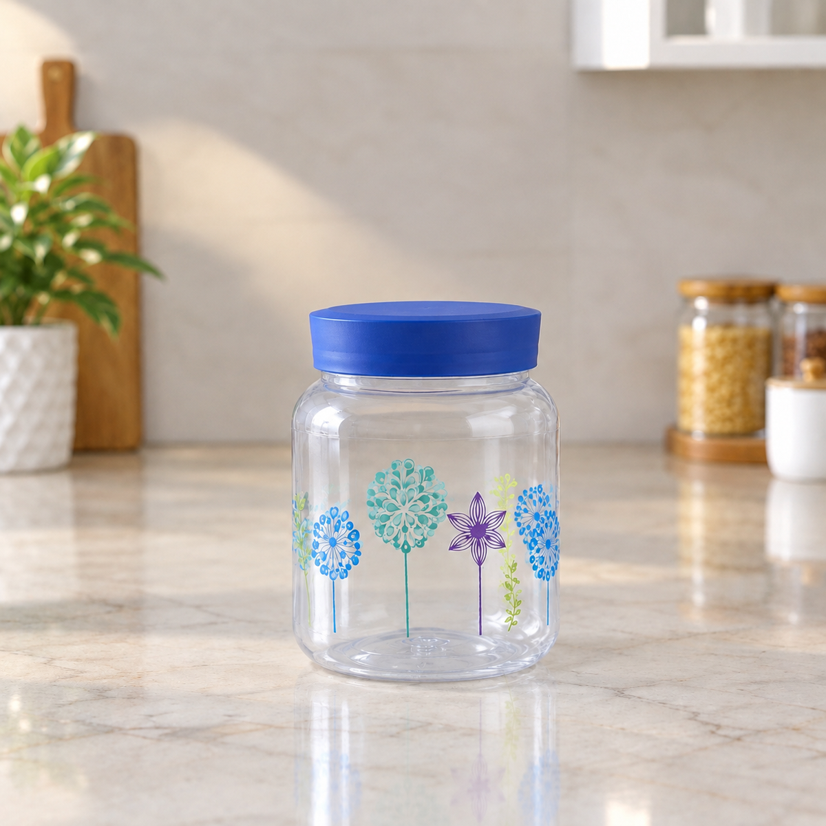 Plastic Kitchen Storage Jars Set of 4 with Blue Lids