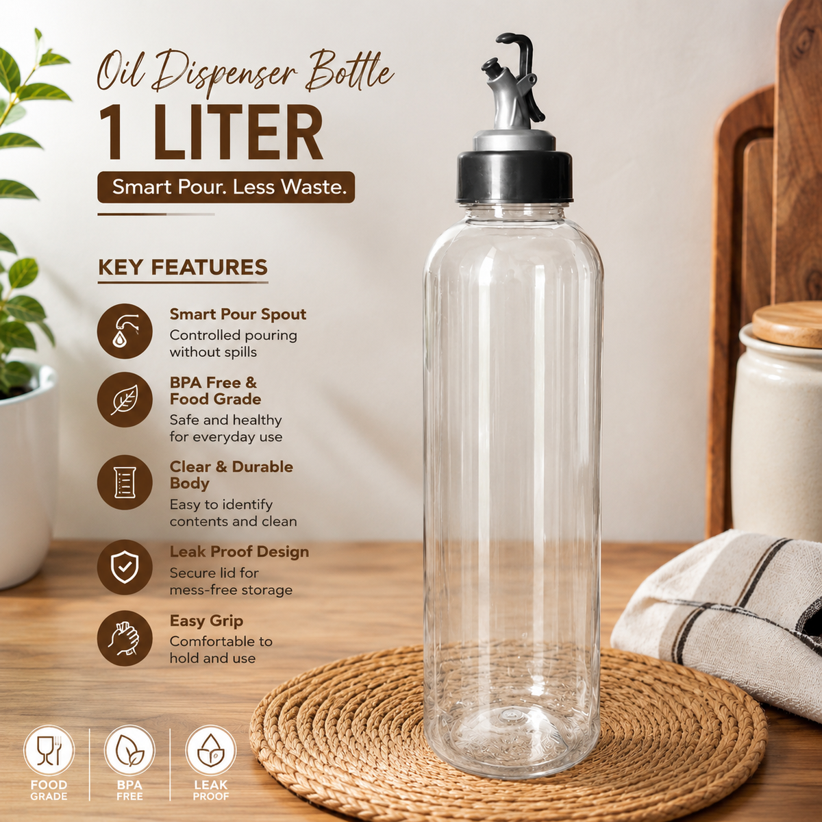 1 Litre Oil Dispenser Bottle BPA Free | Kitchen Oil Pourer