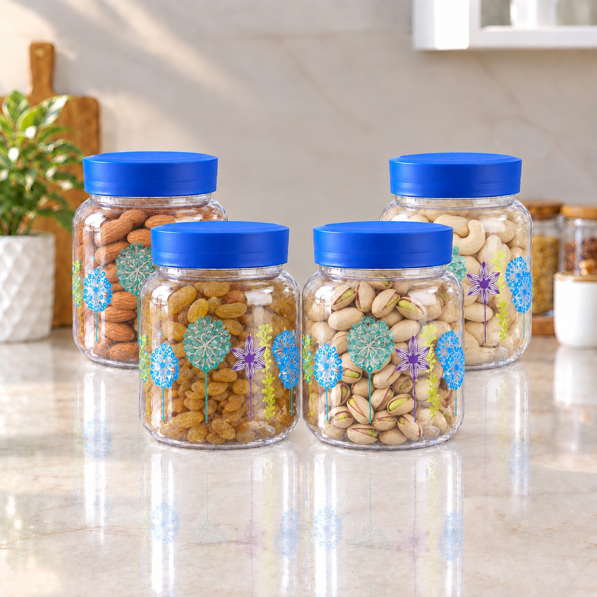 Plastic Kitchen Storage Jars Set of 4 with Blue Lids