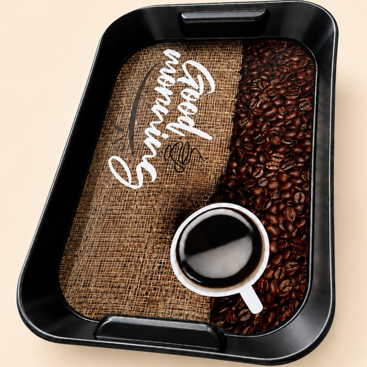 Coffee Print Serving Tray with Handles – Black, Rectangular – photo 5