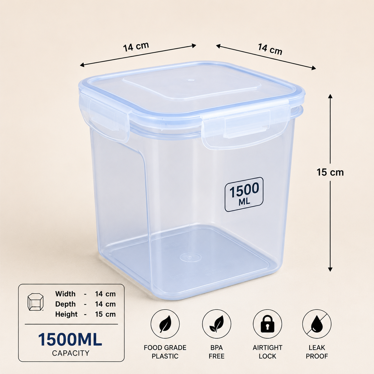 Zadoli Milan Square 1000 ml, 1500 ml, 2500 ml Air Tight Locked Food Container (★PACK OF 3★)