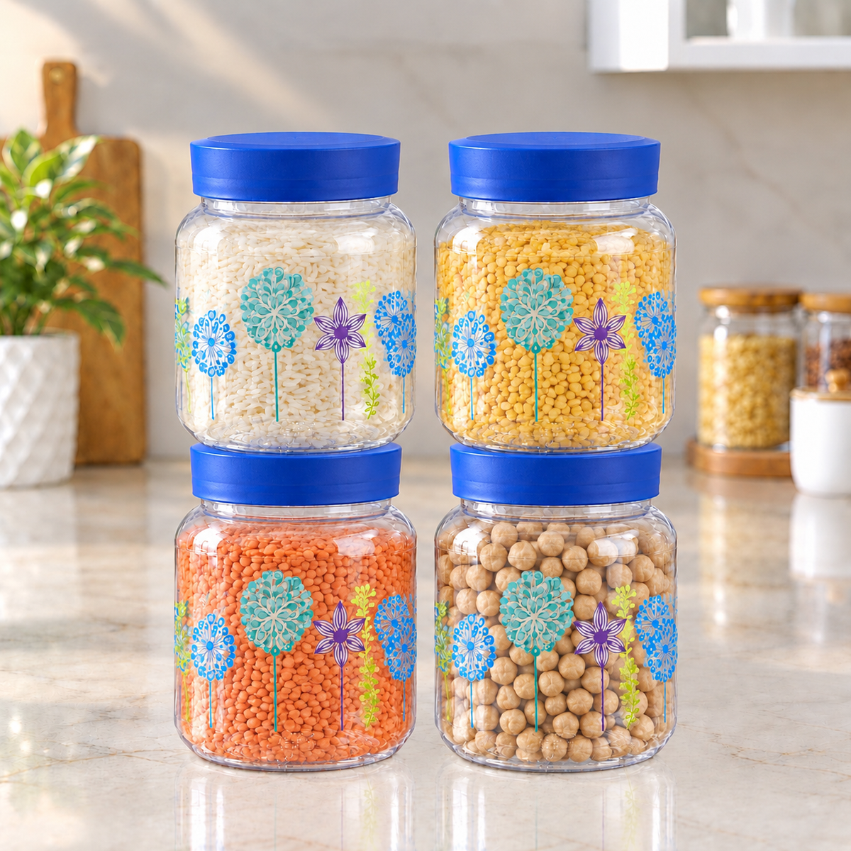 Plastic Kitchen Storage Jars Set of 4 with Blue Lids