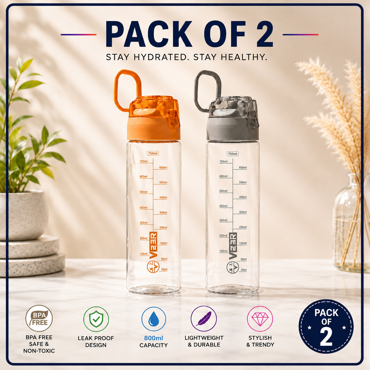 750ml Sports Water Bottle | Pack of 2