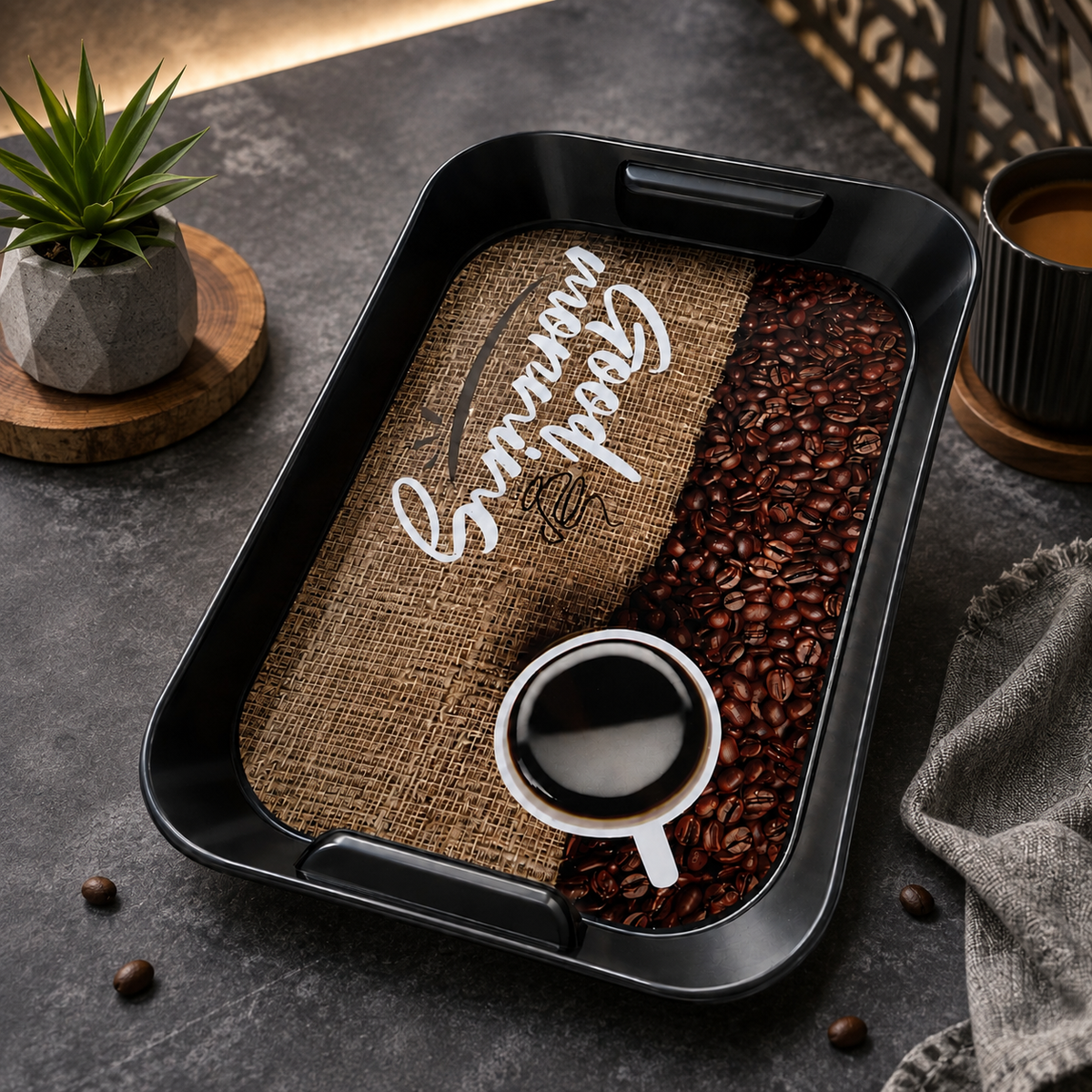 Coffee Print Serving Tray with Handles – Black, Rectangular