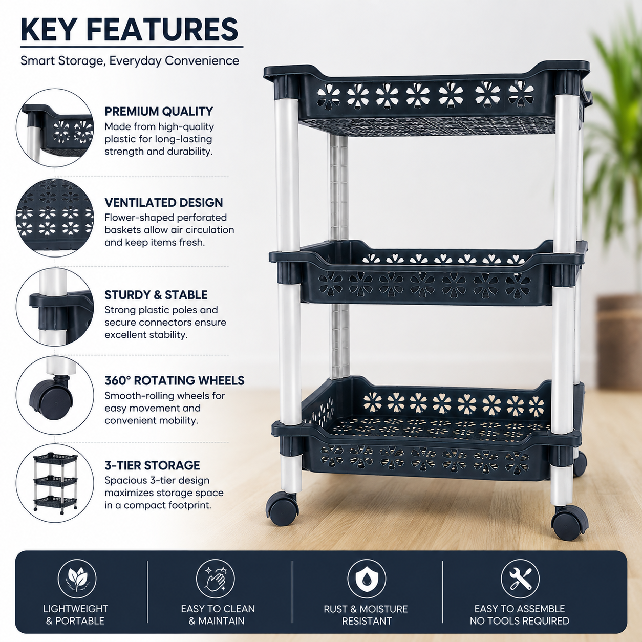 3 Layer Plastic Storage Rack with Wheels | Multipurpose Utility Organizer Trolley for Home & Kitchen