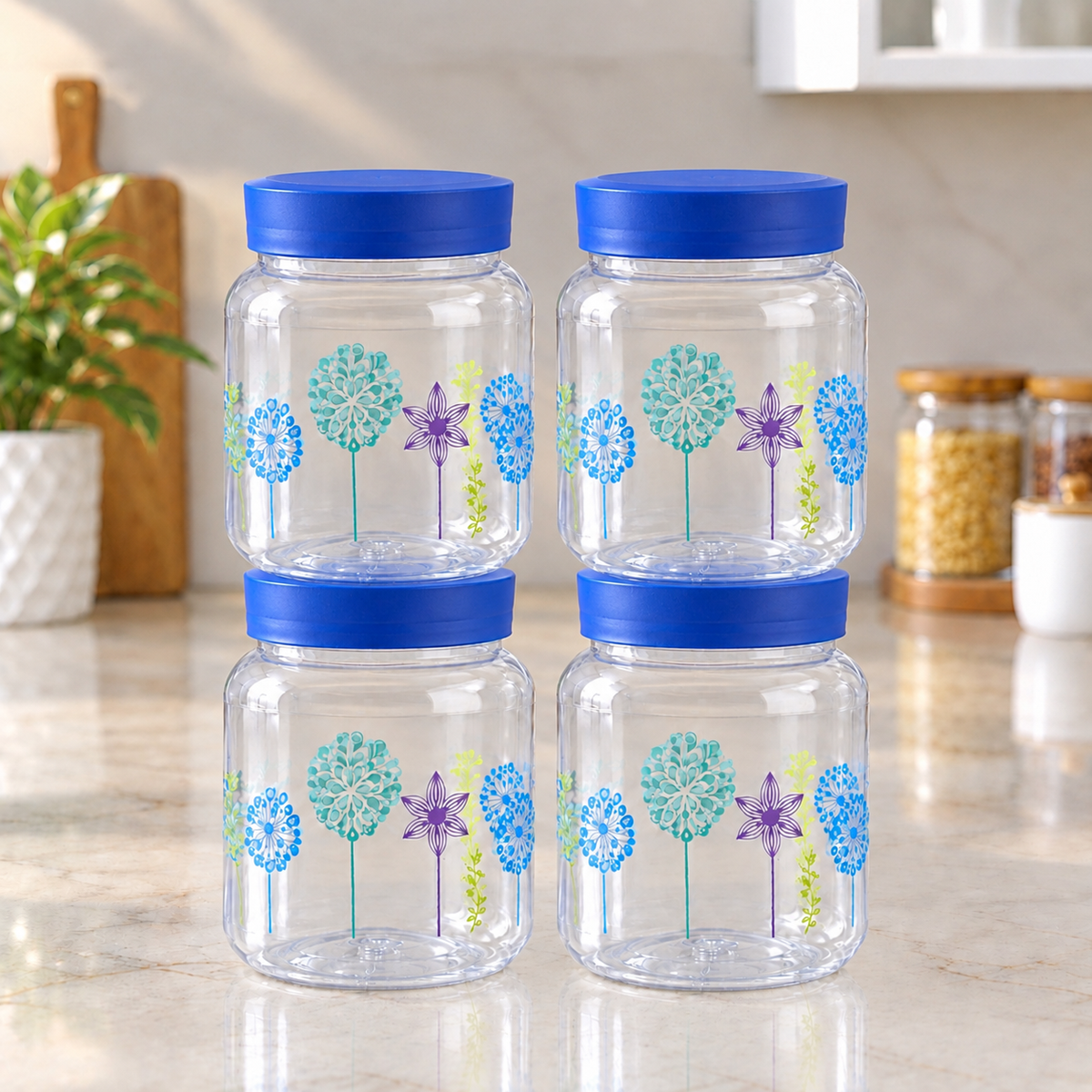 Plastic Kitchen Storage Jars Set of 4 with Blue Lids