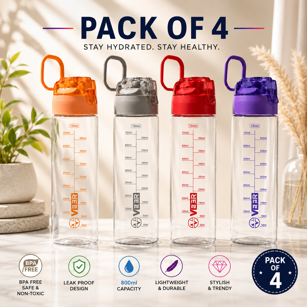 Veer Plast Motivational Water Bottle 750 ML| (★Pack Of 4★)