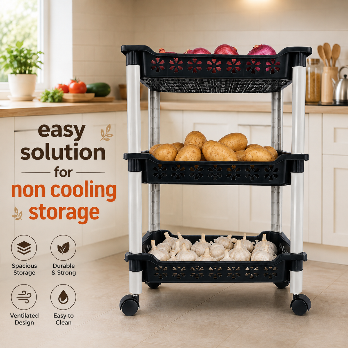 3-Layer Storage Rack with Wheels – Kitchen & Home Organiser