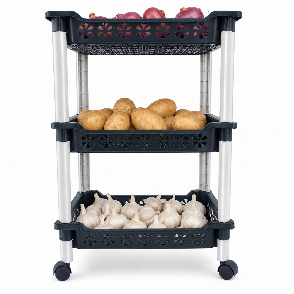 3 Layer Plastic Storage Rack with Wheels | Multipurpose Utility Organizer Trolley for Home & Kitchen