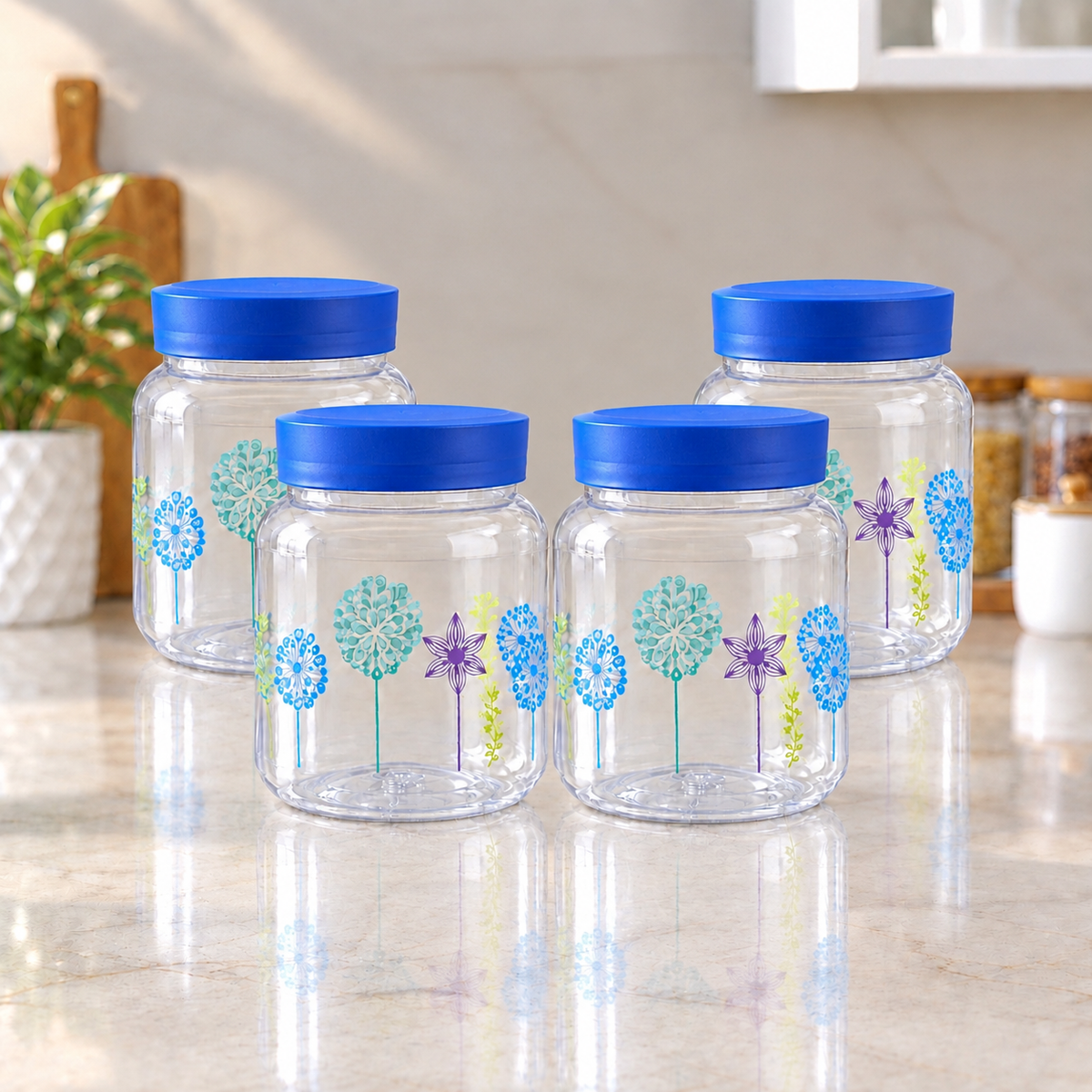 Plastic Kitchen Storage Jars Set of 4 with Blue Lids