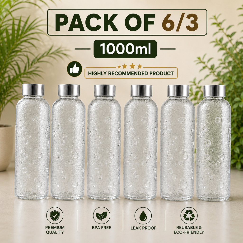 1 Litre Leak-Proof Water Bottle with Steel Cap – Pack of 3 / 6