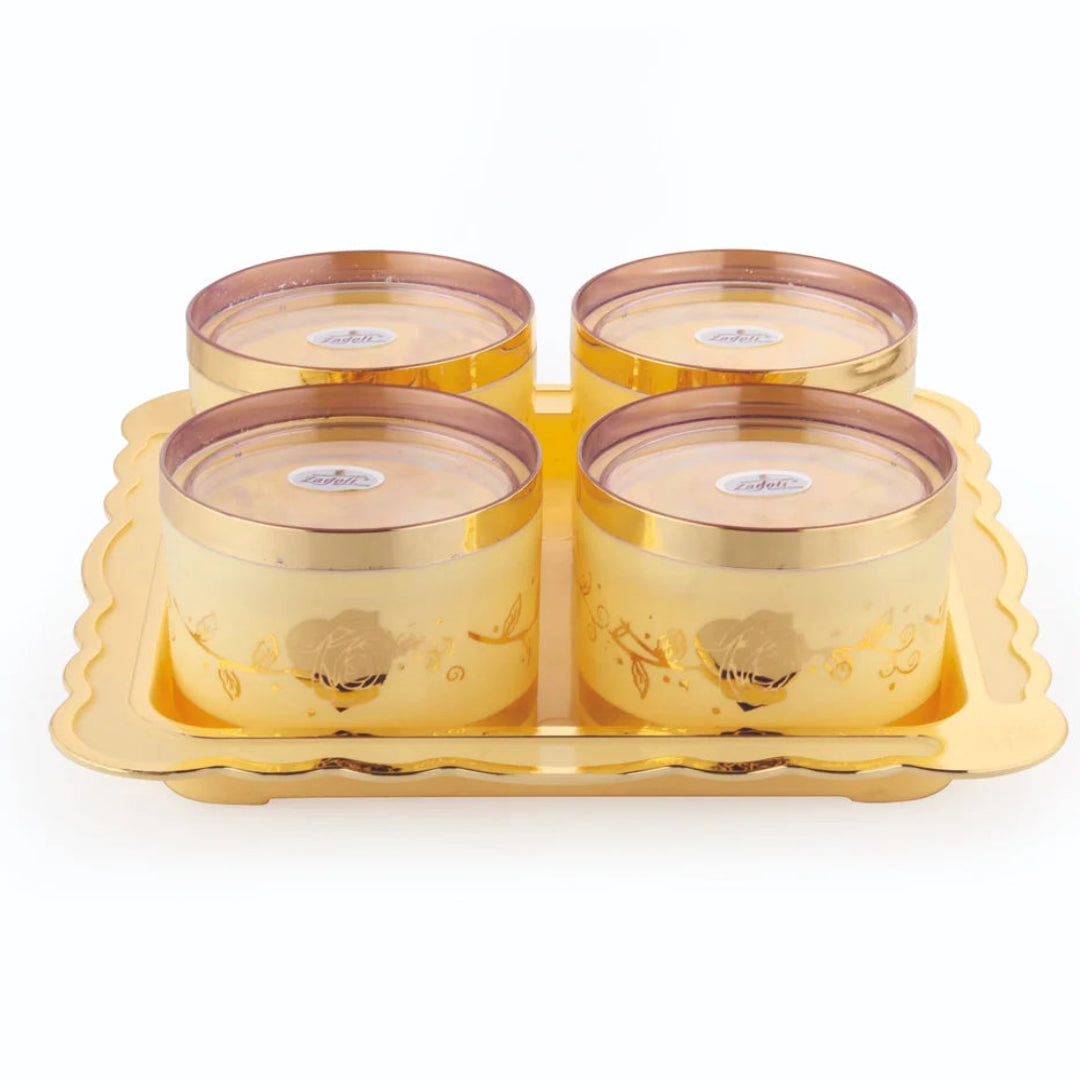 Zadoli - 4 in 1 Gift Set, Containers with Lid & Serving Tray (4 Pcs Set, White & Gold Round)