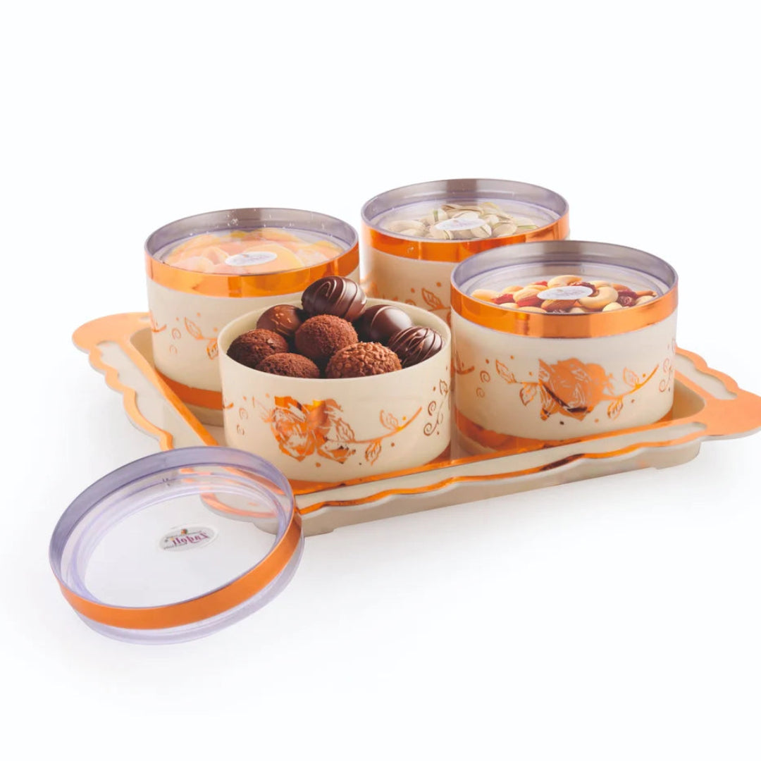Zadoli - 4 in 1 Gift Set, Containers with Lid & Serving Tray (4 Pcs Set, White & Gold Round)