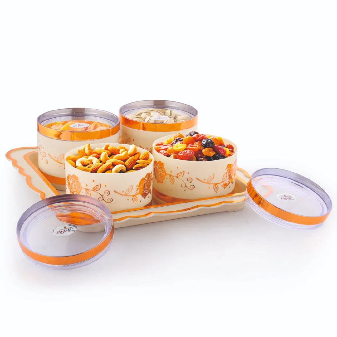 Zadoli - 4 in 1 Gift Set, Containers with Lid & Serving Tray (4 Pcs Set, White & Gold Round)