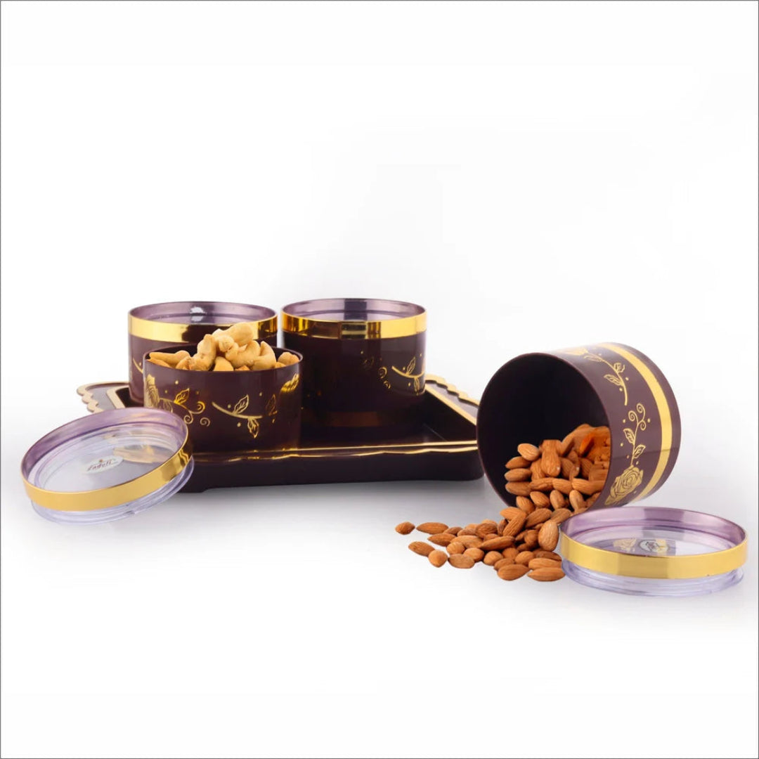 Zadoli - 4 in 1 Gift Set, Containers with Lid & Serving Tray (4 Pcs Set, White & Gold Round)